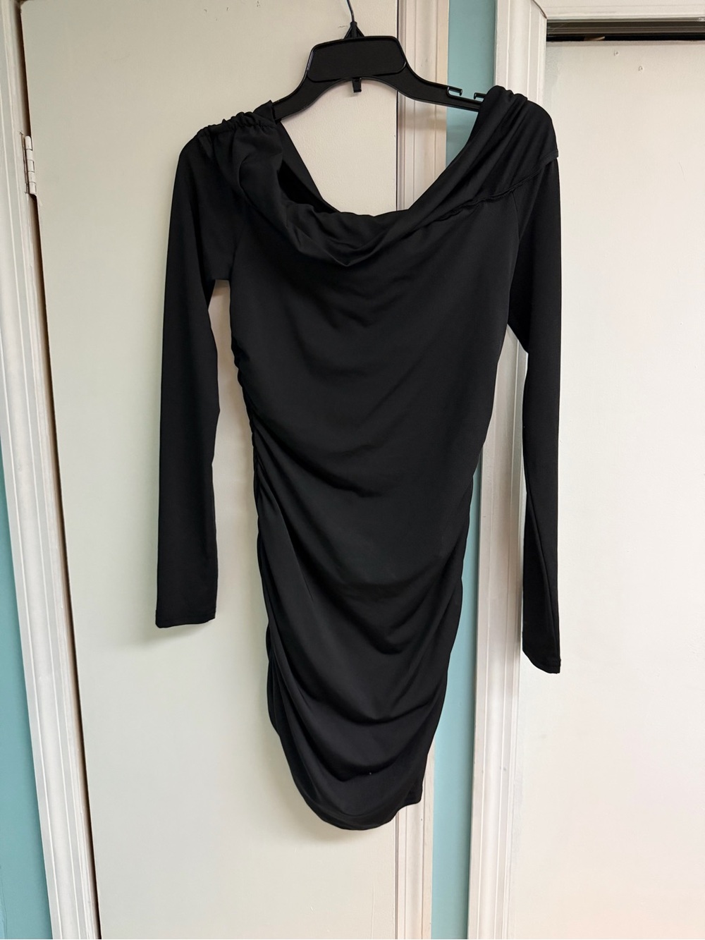 Black Long-Sleeve Ruched Cowl Neck Dress